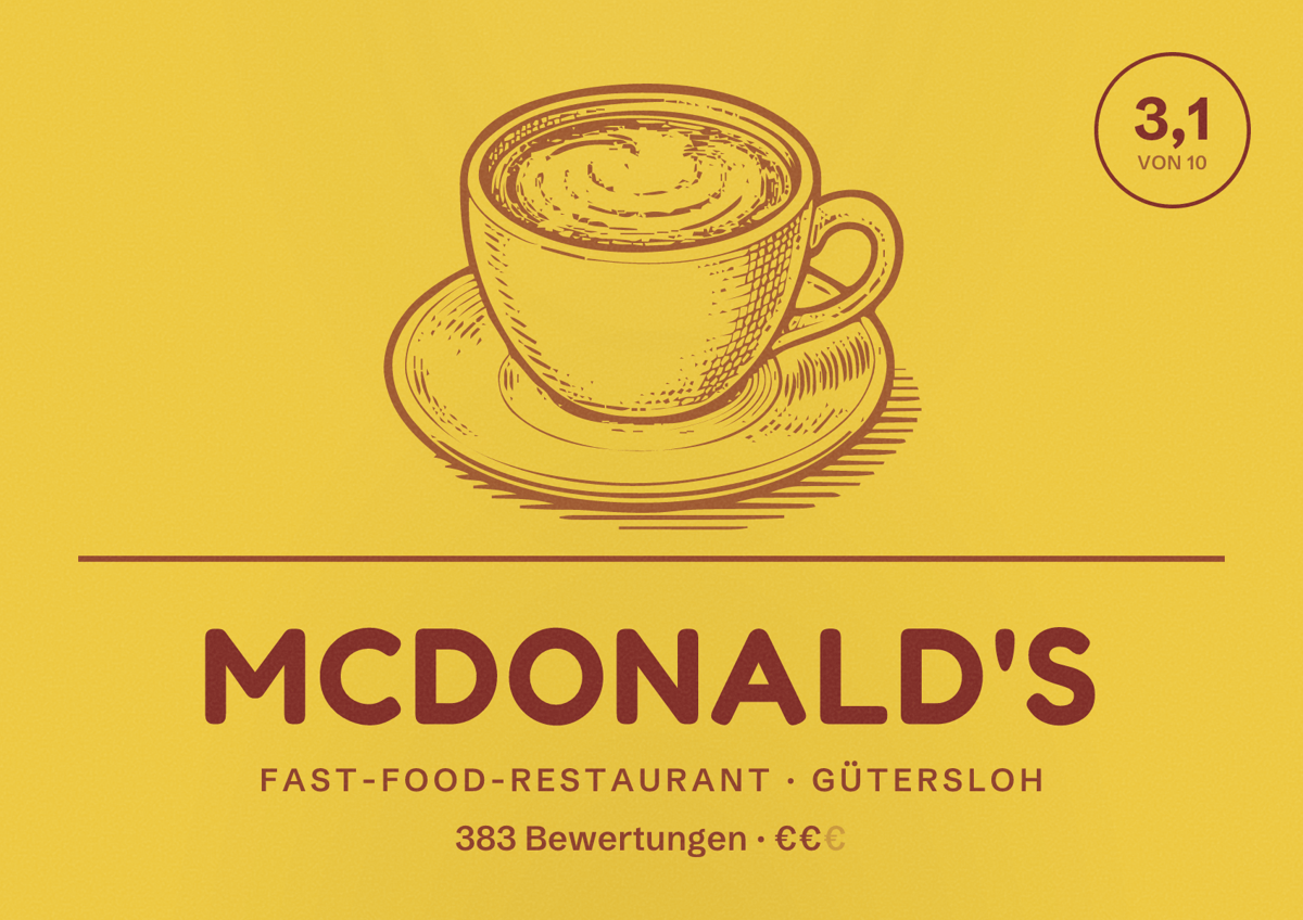 Illustriertes Poster von McDonald's, Fast-Food-Restaurant in Gütersloh: Bewertung 3,1 von 10 aus 383 Bewertungen, Preisniveau €€