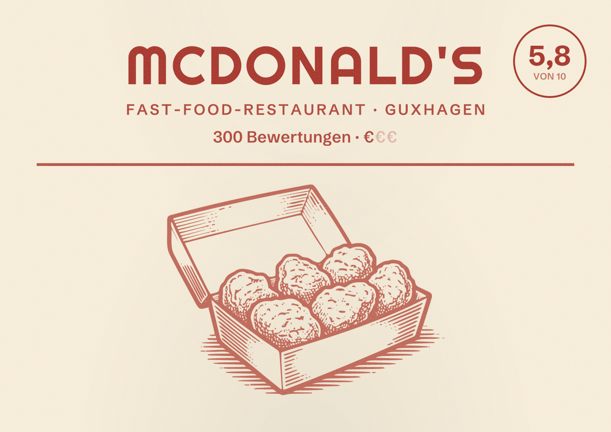 Illustriertes Poster von McDonald's, Fast-Food-Restaurant in Guxhagen: Bewertung 5,8 von 10 aus 300 Bewertungen, Preisniveau €
