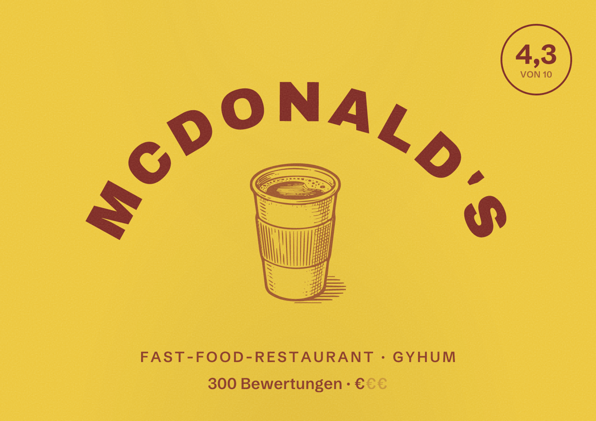 Illustriertes Poster von McDonald's, Fast-Food-Restaurant in Gyhum: Bewertung 4,3 von 10 aus 300 Bewertungen, Preisniveau €