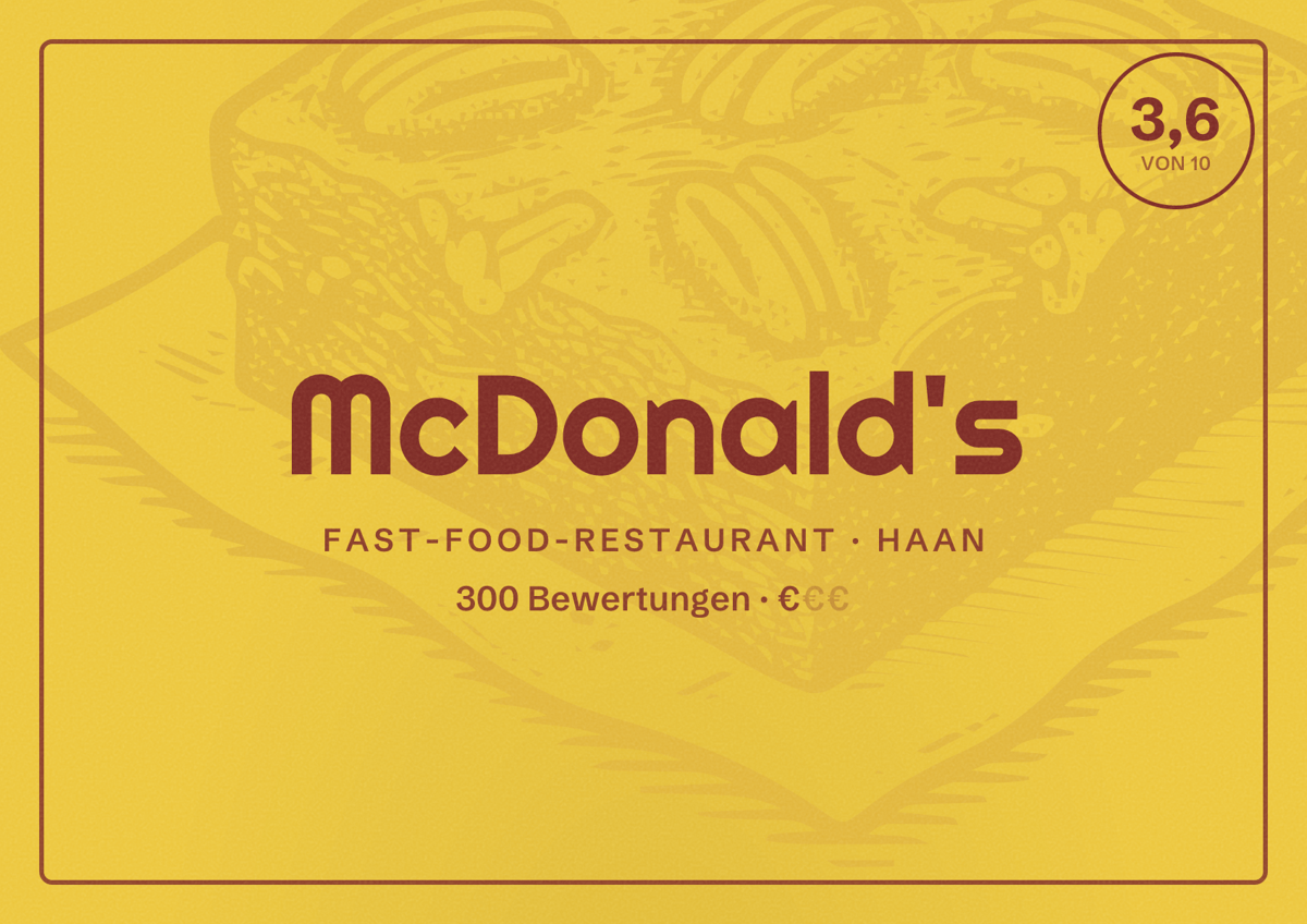 Illustriertes Poster von McDonald's, Fast-Food-Restaurant in Haan: Bewertung 3,6 von 10 aus 300 Bewertungen, Preisniveau €