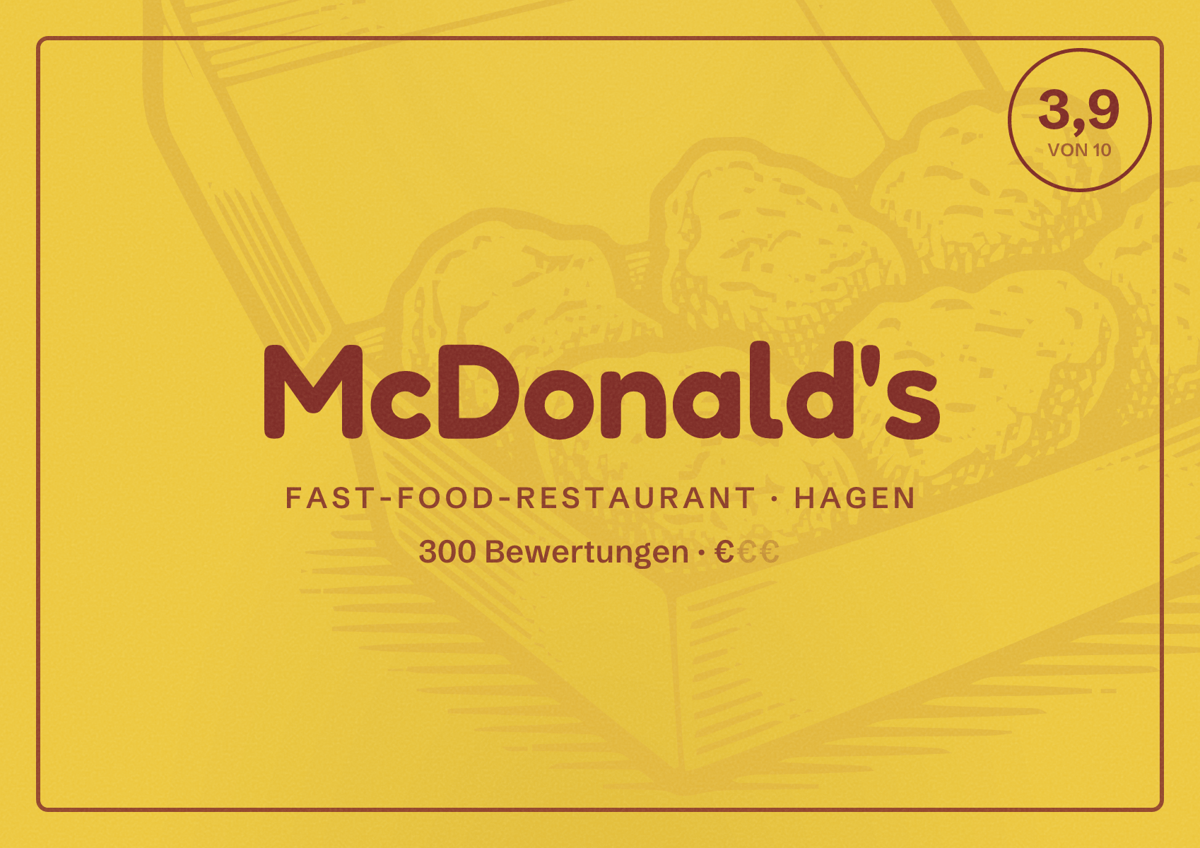 Illustriertes Poster von McDonald's, Fast-Food-Restaurant in Hagen: Bewertung 3,9 von 10 aus 300 Bewertungen, Preisniveau €