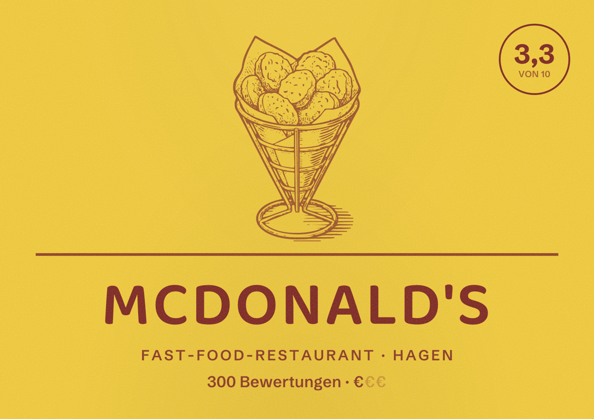 Illustriertes Poster von McDonald's, Fast-Food-Restaurant in Hagen: Bewertung 3,3 von 10 aus 300 Bewertungen, Preisniveau €