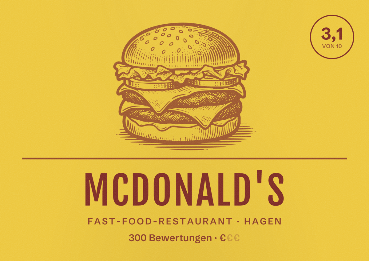 Illustriertes Poster von McDonald's, Fast-Food-Restaurant in Hagen: Bewertung 3,1 von 10 aus 300 Bewertungen, Preisniveau €