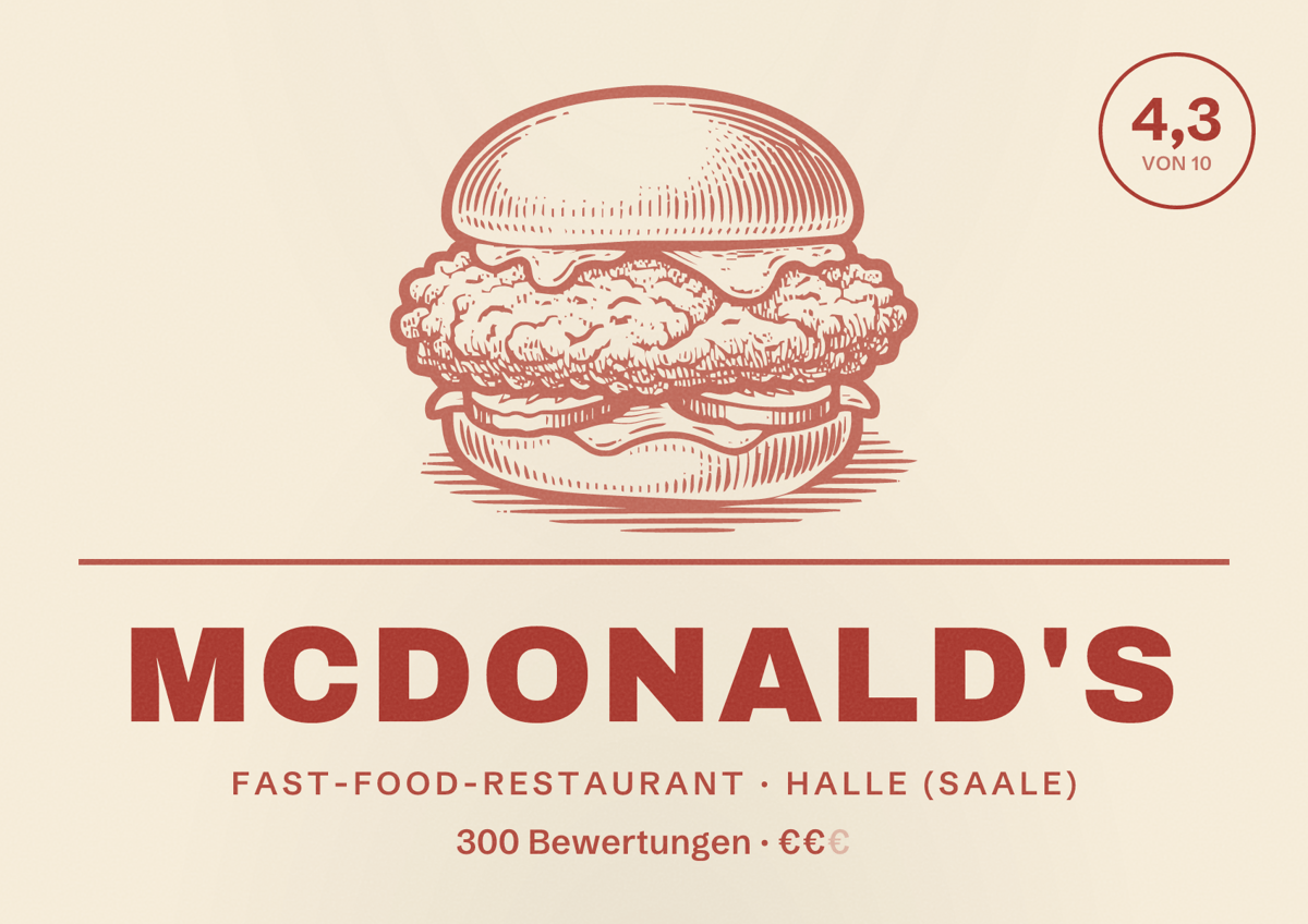 Illustriertes Poster von McDonald's, Fast-Food-Restaurant in Halle (Saale): Bewertung 4,3 von 10 aus 300 Bewertungen, Preisniveau €€