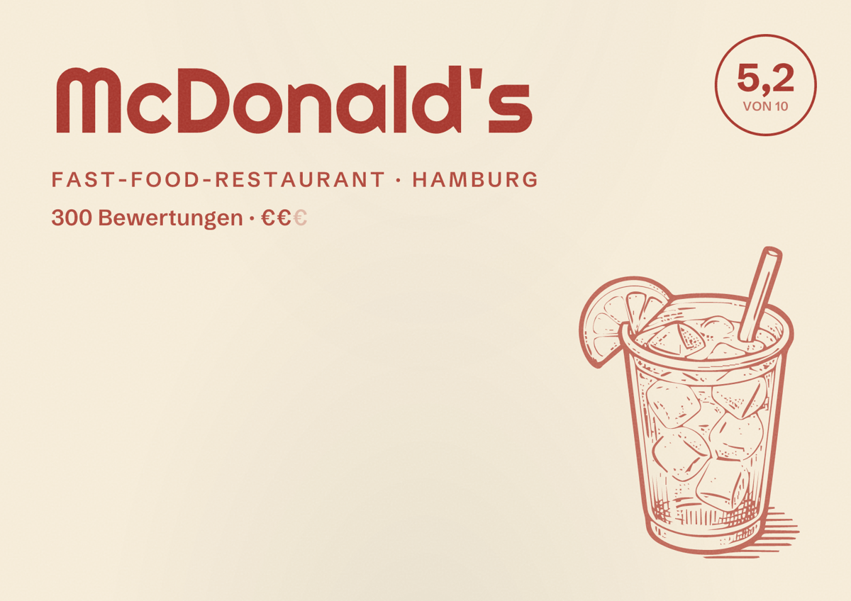 Illustriertes Poster von McDonald's, Fast-Food-Restaurant in Hamburg: Bewertung 5,2 von 10 aus 300 Bewertungen, Preisniveau €€