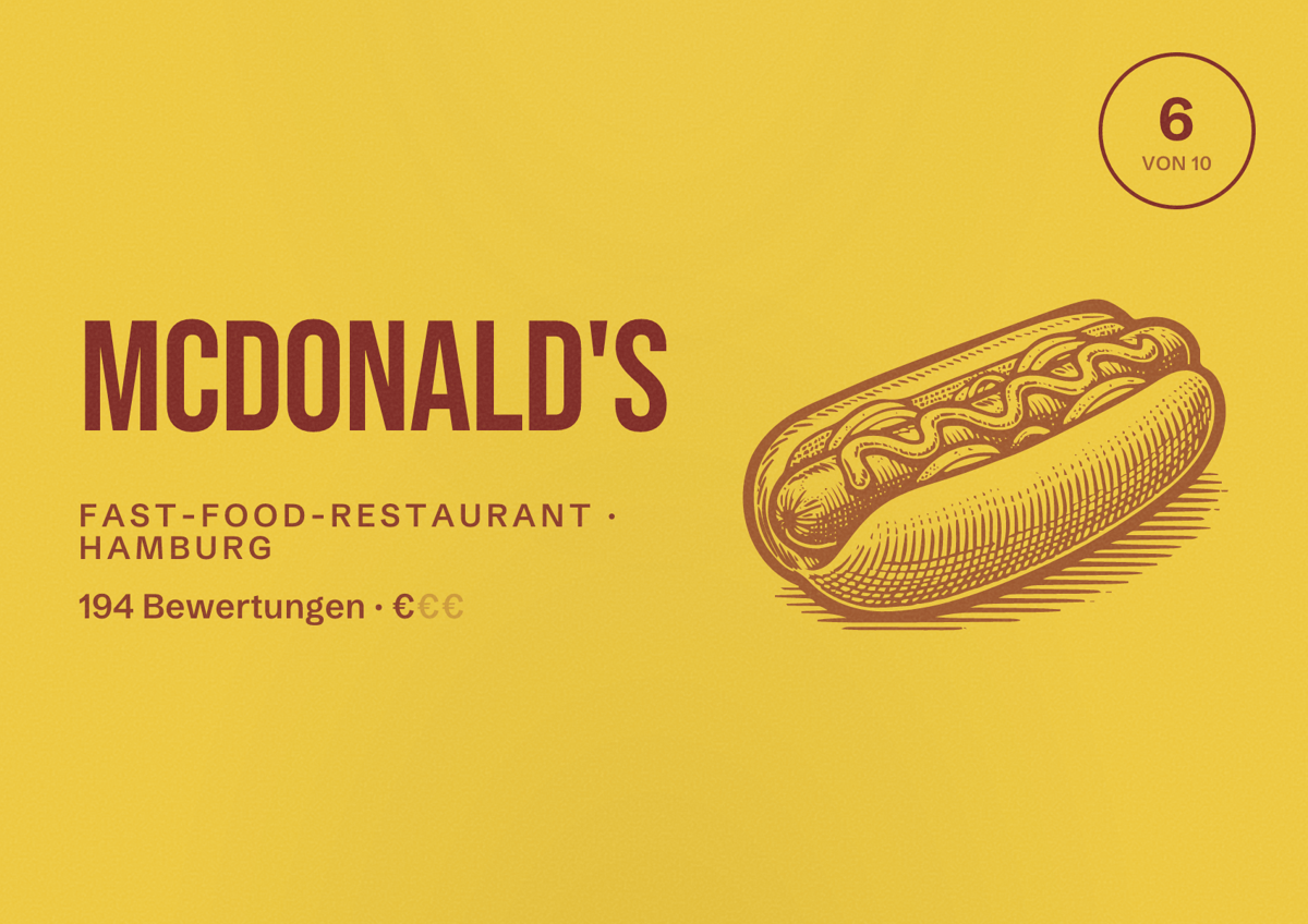 Illustriertes Poster von McDonald's, Fast-Food-Restaurant in Hamburg: Bewertung 6,0 von 10 aus 194 Bewertungen, Preisniveau €