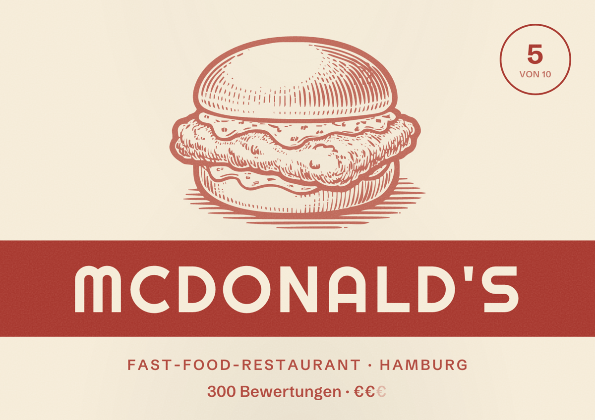 Illustriertes Poster von McDonald's, Fast-Food-Restaurant in Hamburg: Bewertung 5,0 von 10 aus 300 Bewertungen, Preisniveau €€