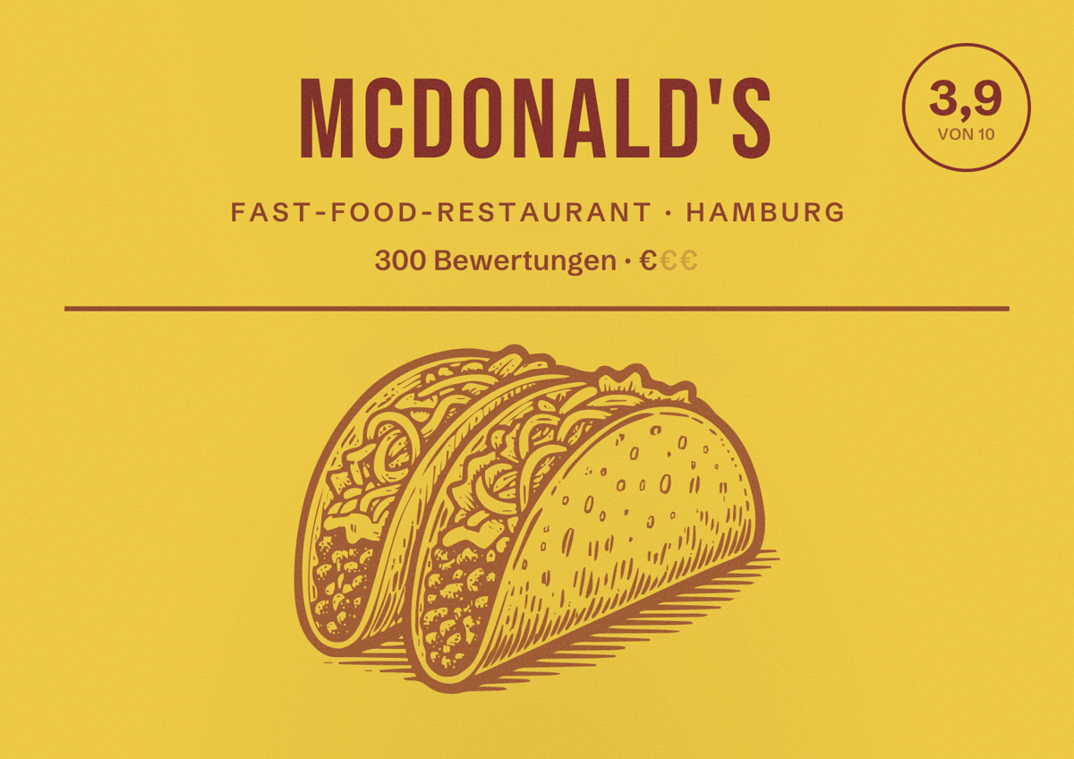 Illustriertes Poster von McDonald's, Fast-Food-Restaurant in Hamburg: Bewertung 3,9 von 10 aus 300 Bewertungen, Preisniveau €