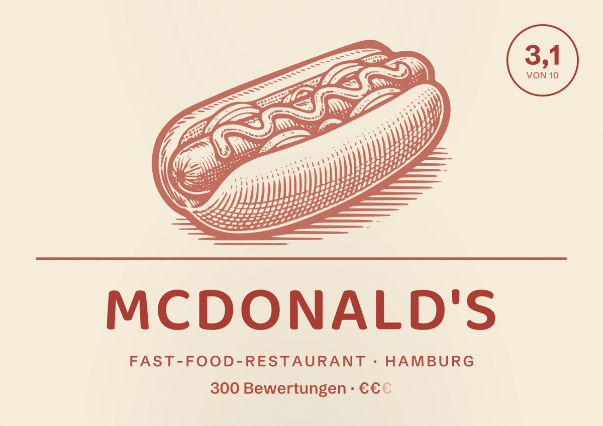 Illustriertes Poster von McDonald's, Fast-Food-Restaurant in Hamburg: Bewertung 3,1 von 10 aus 300 Bewertungen, Preisniveau €€