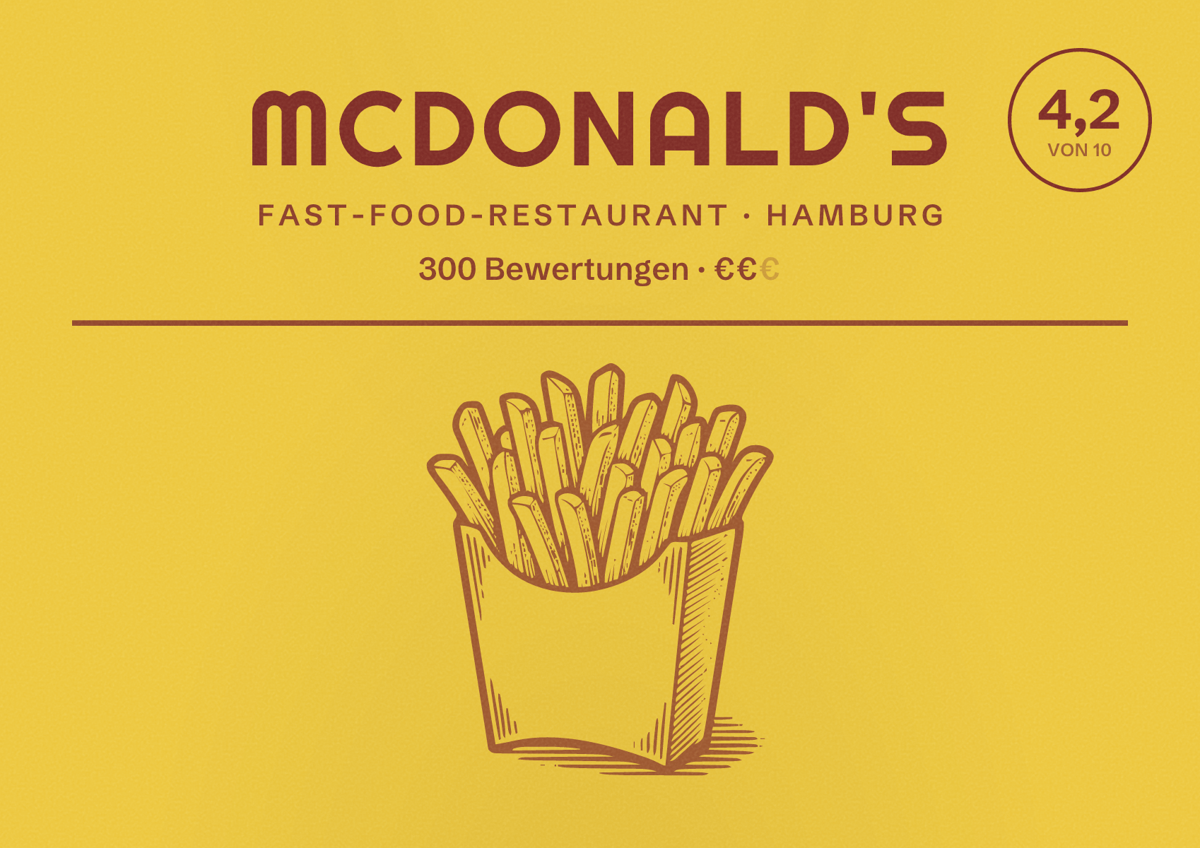 Illustriertes Poster von McDonald's, Fast-Food-Restaurant in Hamburg: Bewertung 4,2 von 10 aus 300 Bewertungen, Preisniveau €€
