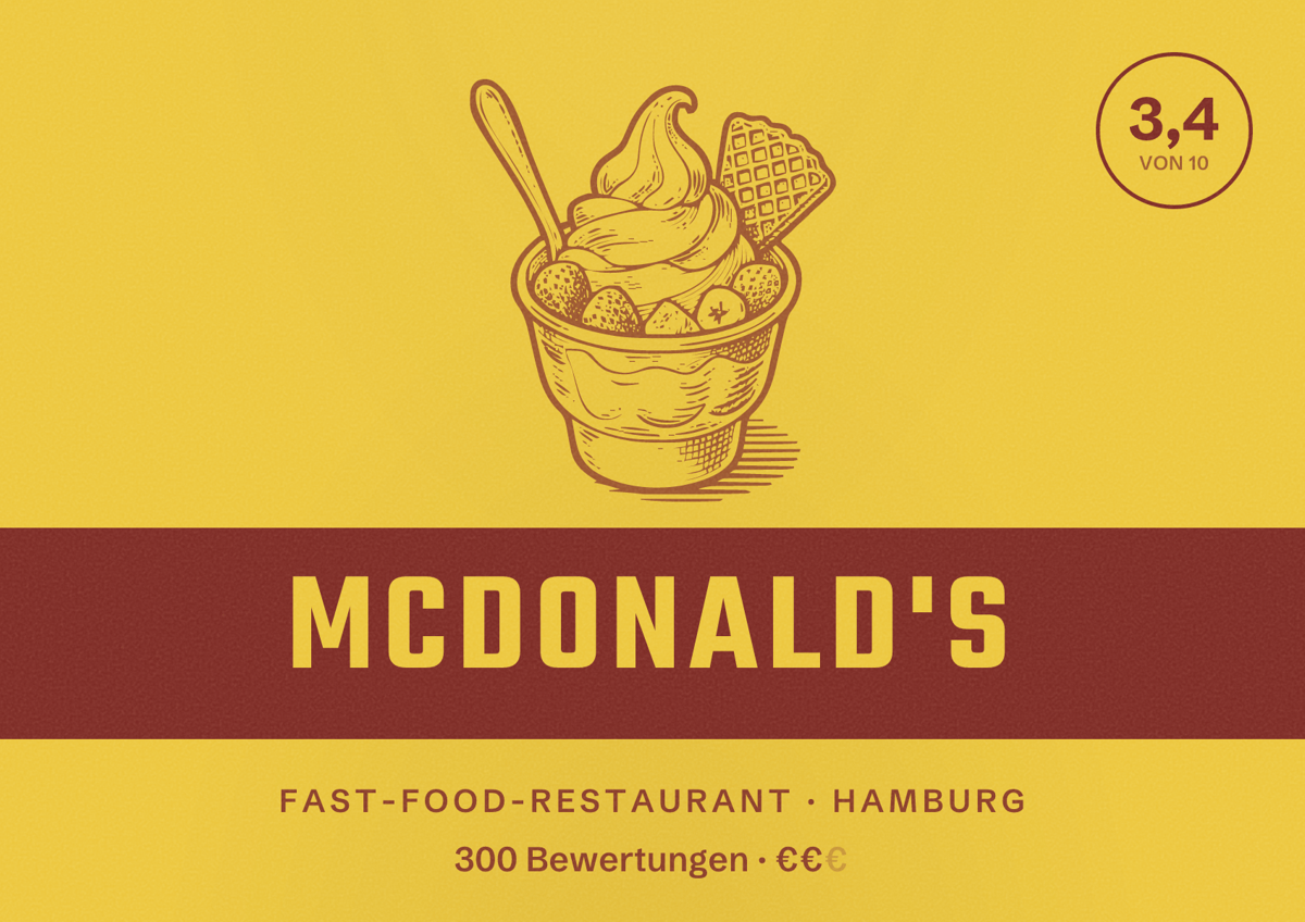 Illustriertes Poster von McDonald's, Fast-Food-Restaurant in Hamburg: Bewertung 3,4 von 10 aus 300 Bewertungen, Preisniveau €€