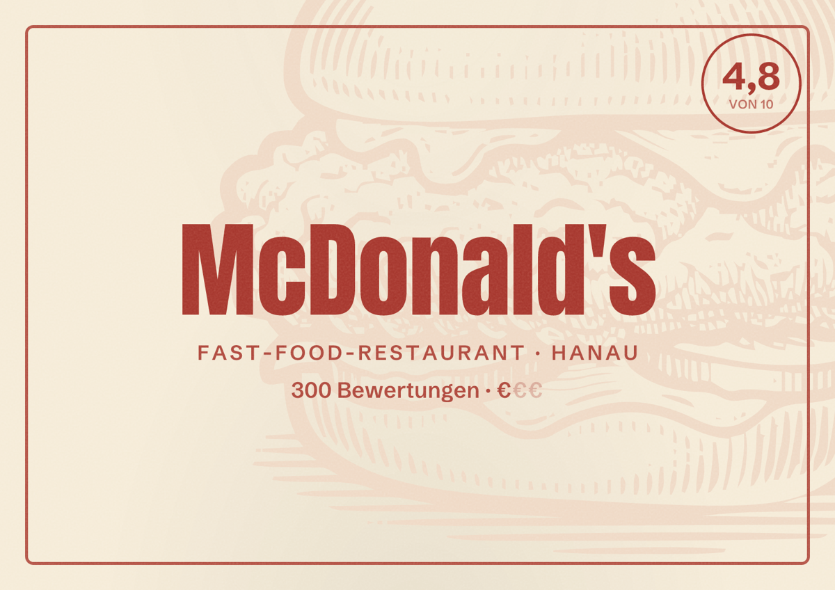 Illustriertes Poster von McDonald's, Fast-Food-Restaurant in Hanau: Bewertung 4,8 von 10 aus 300 Bewertungen, Preisniveau €