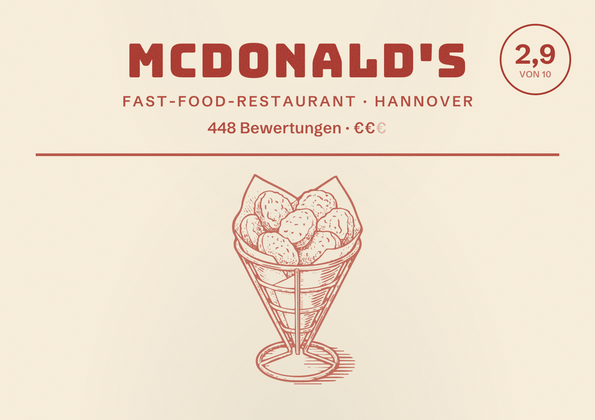 Illustriertes Poster von McDonald's, Fast-Food-Restaurant in Hannover: Bewertung 2,9 von 10 aus 448 Bewertungen, Preisniveau €€