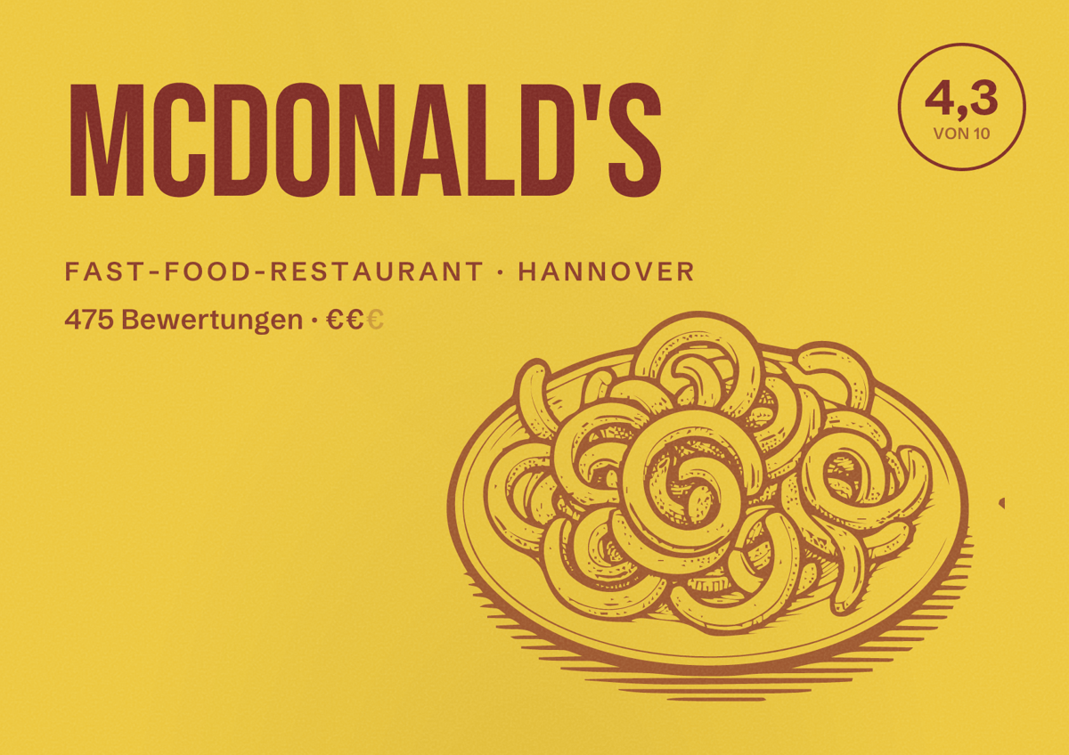 Illustriertes Poster von McDonald's, Fast-Food-Restaurant in Hannover: Bewertung 4,3 von 10 aus 475 Bewertungen, Preisniveau €€