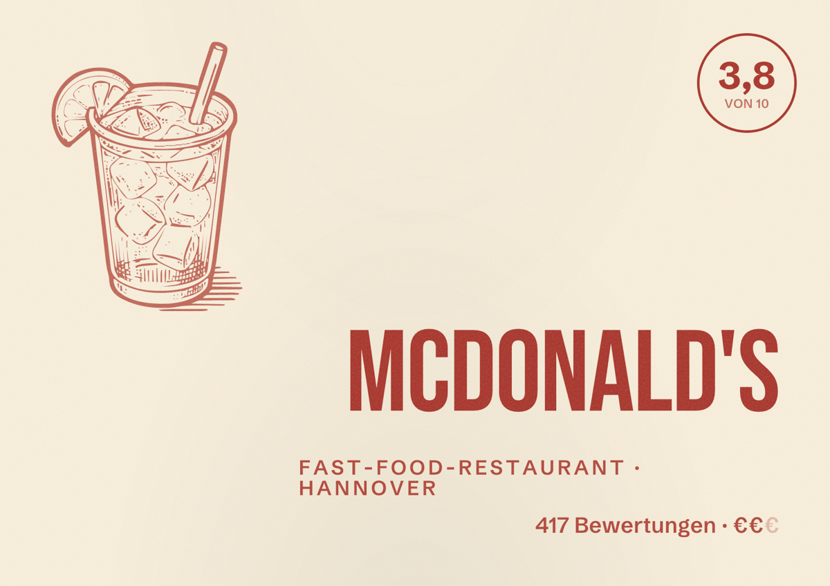 Illustriertes Poster von McDonald's, Fast-Food-Restaurant in Hannover: Bewertung 3,8 von 10 aus 417 Bewertungen, Preisniveau €€