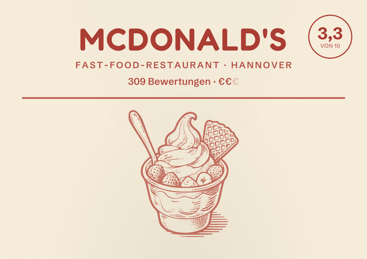Illustriertes Poster von McDonald's, Fast-Food-Restaurant in Hannover: Bewertung 3,3 von 10 aus 309 Bewertungen, Preisniveau €€