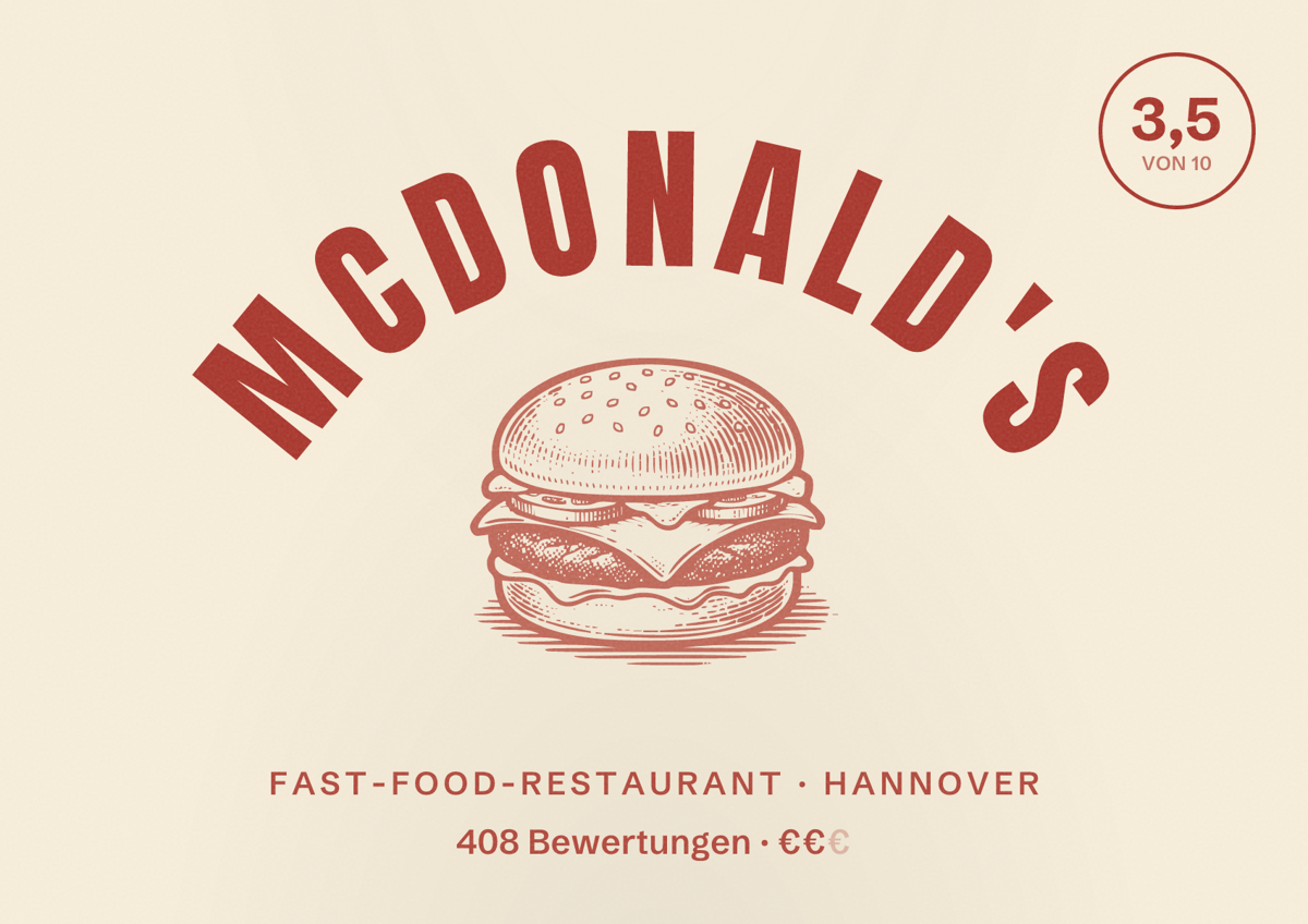 Illustriertes Poster von McDonald's, Fast-Food-Restaurant in Hannover: Bewertung 3,5 von 10 aus 408 Bewertungen, Preisniveau €€