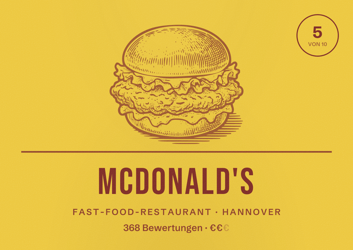 Illustriertes Poster von McDonald's, Fast-Food-Restaurant in Hannover: Bewertung 5,0 von 10 aus 368 Bewertungen, Preisniveau €€