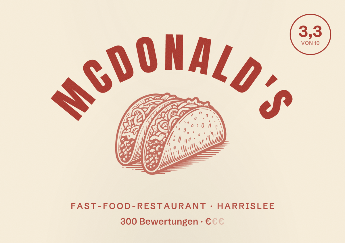 Illustriertes Poster von McDonald's, Fast-Food-Restaurant in Harrislee: Bewertung 3,3 von 10 aus 300 Bewertungen, Preisniveau €