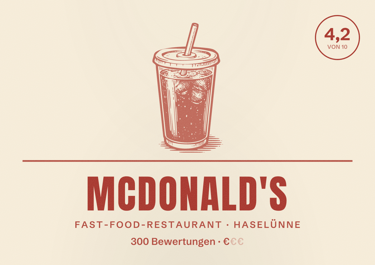 Illustriertes Poster von McDonald's, Fast-Food-Restaurant in Haselünne: Bewertung 4,2 von 10 aus 300 Bewertungen, Preisniveau €