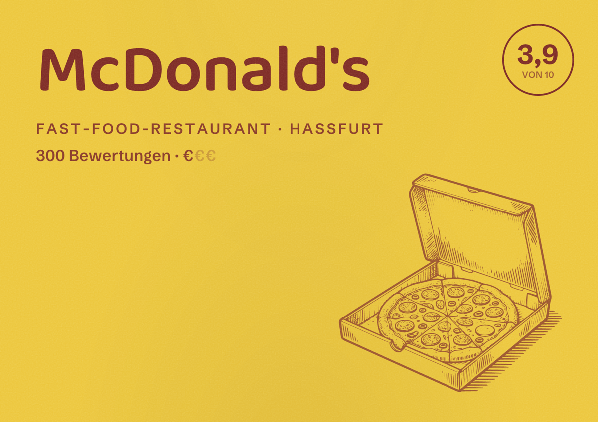 Illustriertes Poster von McDonald's, Fast-Food-Restaurant in Haßfurt: Bewertung 3,9 von 10 aus 300 Bewertungen, Preisniveau €