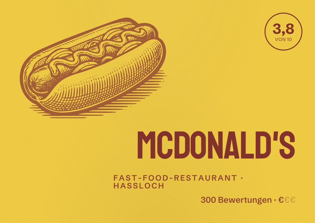 Illustriertes Poster von McDonald's, Fast-Food-Restaurant in Haßloch: Bewertung 3,8 von 10 aus 300 Bewertungen, Preisniveau €