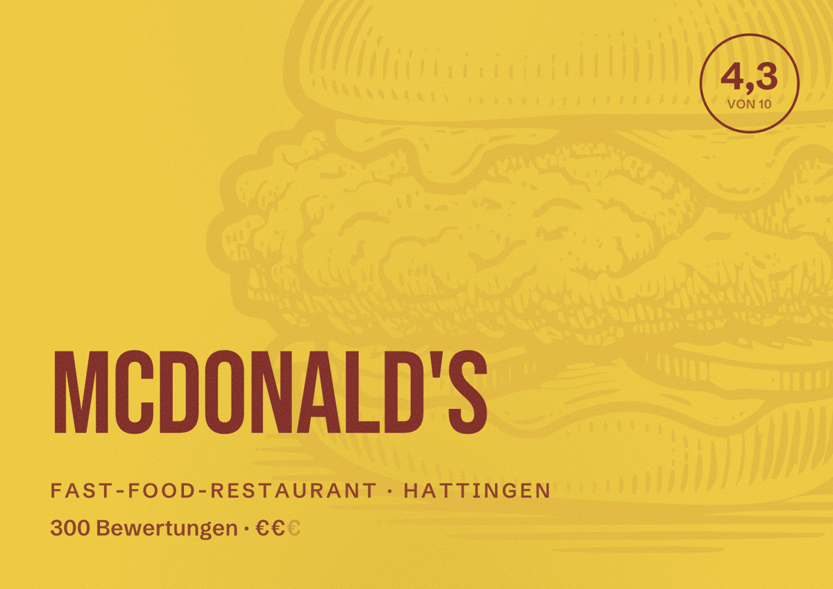 Illustriertes Poster von McDonald's, Fast-Food-Restaurant in Hattingen: Bewertung 4,3 von 10 aus 300 Bewertungen, Preisniveau €€
