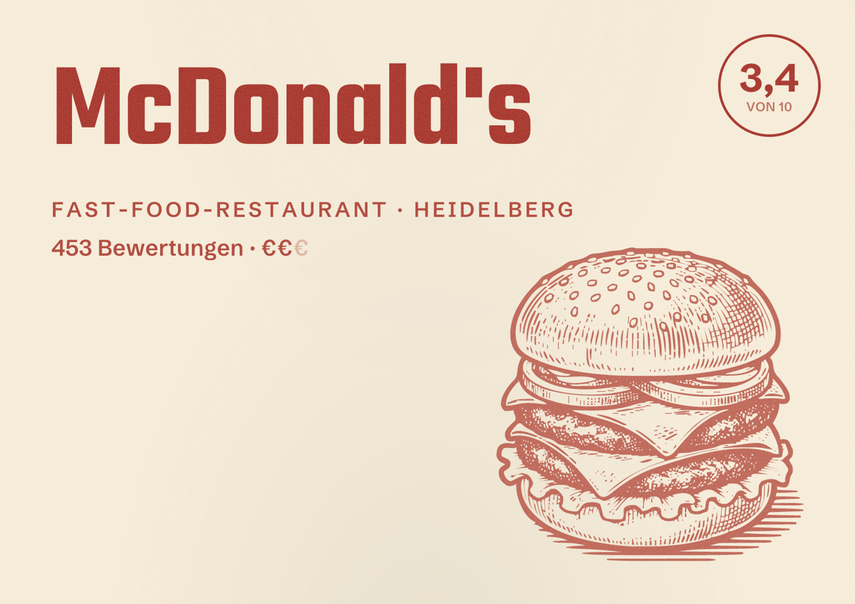 Illustriertes Poster von McDonald's, Fast-Food-Restaurant in Heidelberg: Bewertung 3,4 von 10 aus 453 Bewertungen, Preisniveau €€