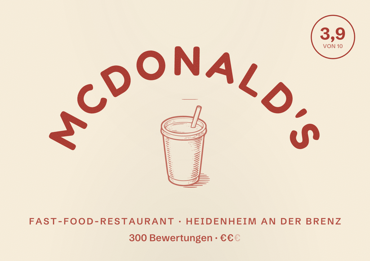 Illustriertes Poster von McDonald's, Fast-Food-Restaurant in Heidenheim an der Brenz: Bewertung 3,9 von 10 aus 300 Bewertungen, Preisniveau €€