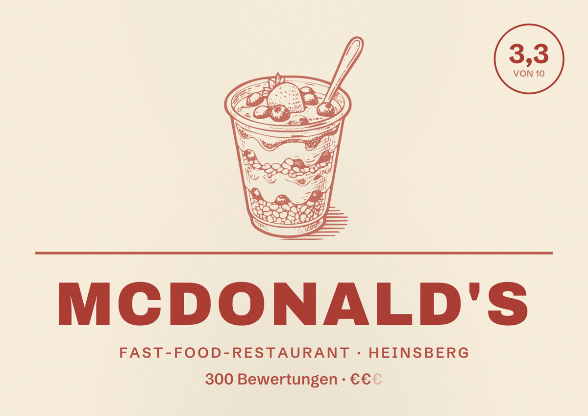Illustriertes Poster von McDonald's, Fast-Food-Restaurant in Heinsberg: Bewertung 3,3 von 10 aus 300 Bewertungen, Preisniveau €€