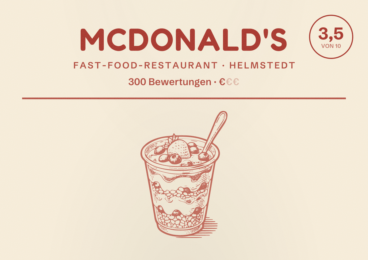Illustriertes Poster von McDonald's, Fast-Food-Restaurant in Helmstedt: Bewertung 3,5 von 10 aus 300 Bewertungen, Preisniveau €