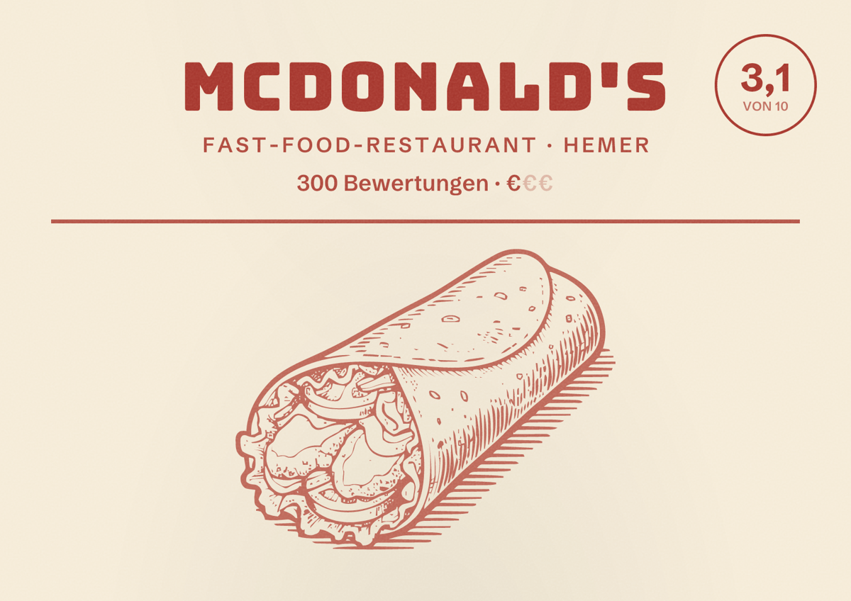 Illustriertes Poster von McDonald's, Fast-Food-Restaurant in Hemer: Bewertung 3,1 von 10 aus 300 Bewertungen, Preisniveau €