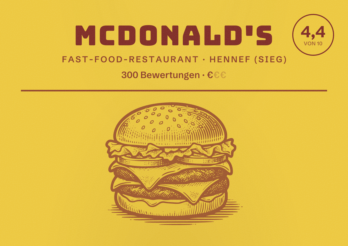 Illustriertes Poster von McDonald's, Fast-Food-Restaurant in Hennef (Sieg): Bewertung 4,4 von 10 aus 300 Bewertungen, Preisniveau €