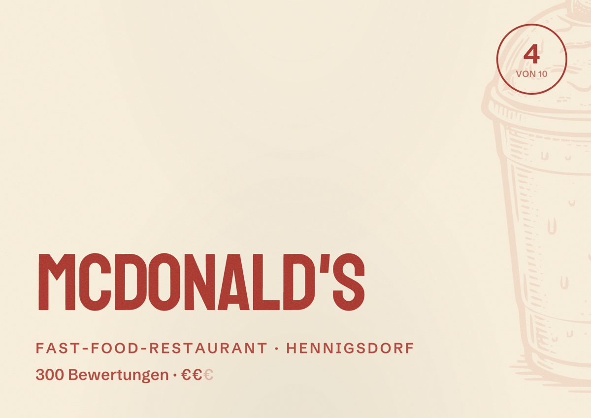 Illustriertes Poster von McDonald's, Fast-Food-Restaurant in Hennigsdorf: Bewertung 4 von 10 aus 300 Bewertungen, Preisniveau €€