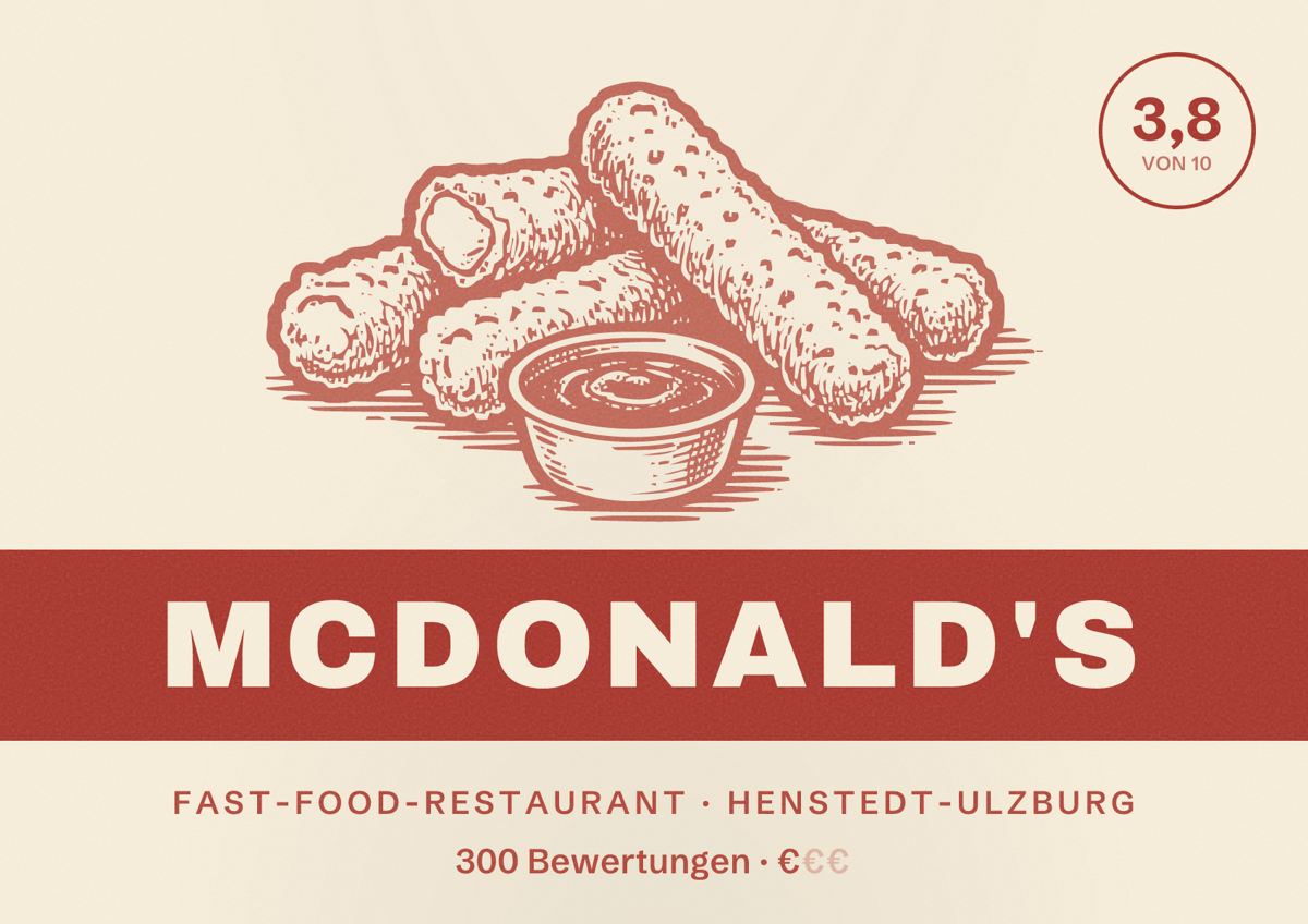 Illustriertes Poster von McDonald's, Fast-Food-Restaurant in Henstedt-Ulzburg: Bewertung 3,8 von 10 aus 300 Bewertungen, Preisniveau €