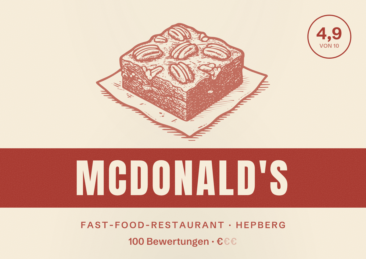 Illustriertes Poster von McDonald's, Fast-Food-Restaurant in Hepberg: Bewertung 4,9 von 10 aus 100 Bewertungen, Preisniveau €