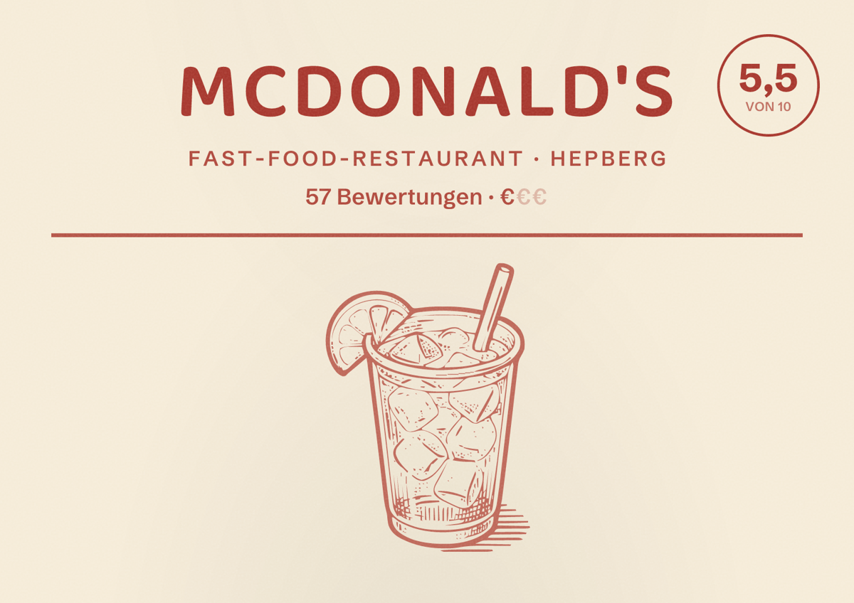 Illustriertes Poster von McDonald's, Fast-Food-Restaurant in Hepberg: Bewertung 5,5 von 10 aus 57 Bewertungen, Preisniveau €