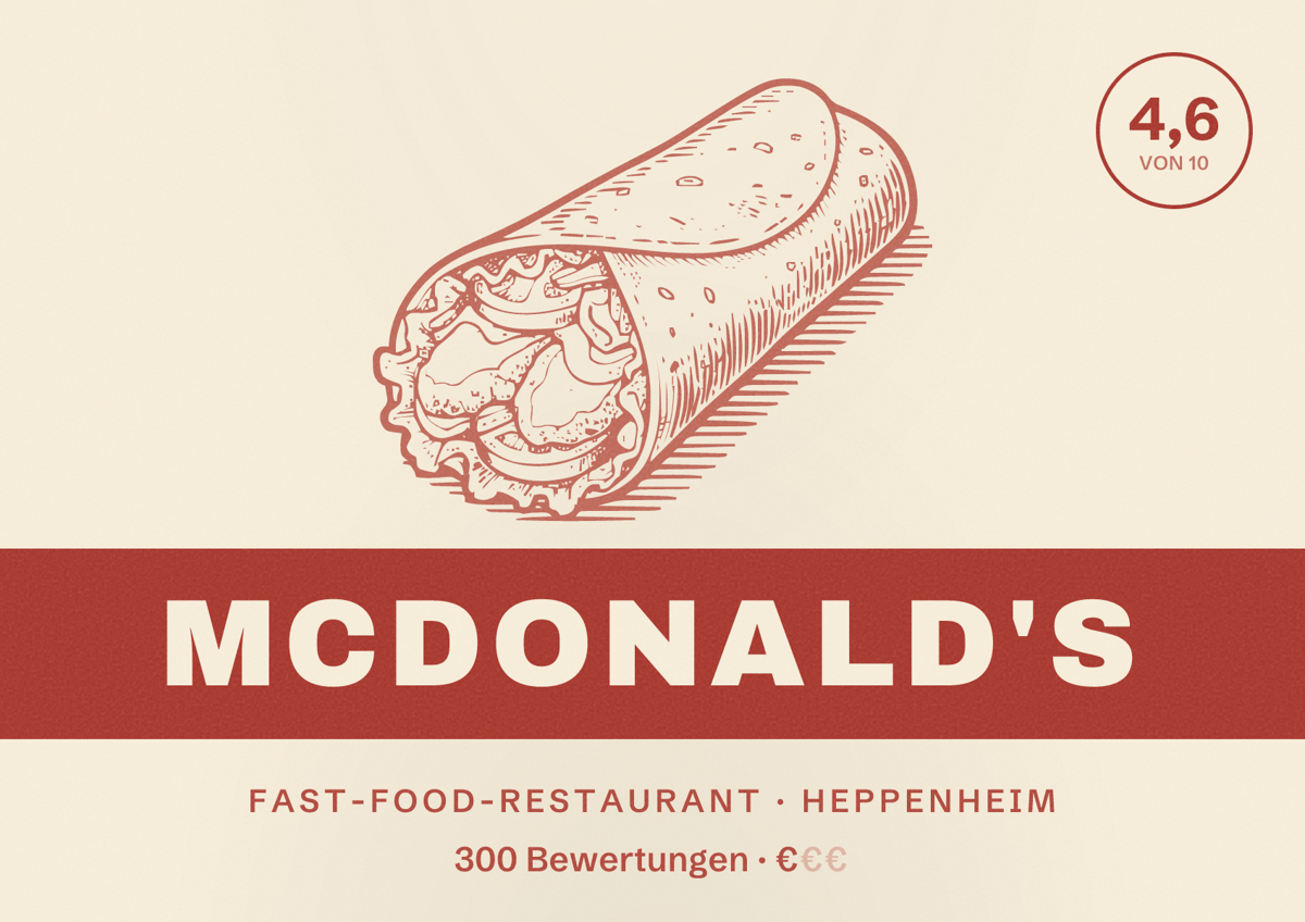 Illustriertes Poster von McDonald's, Fast-Food-Restaurant in Heppenheim: Bewertung 4,6 von 10 aus 300 Bewertungen, Preisniveau €