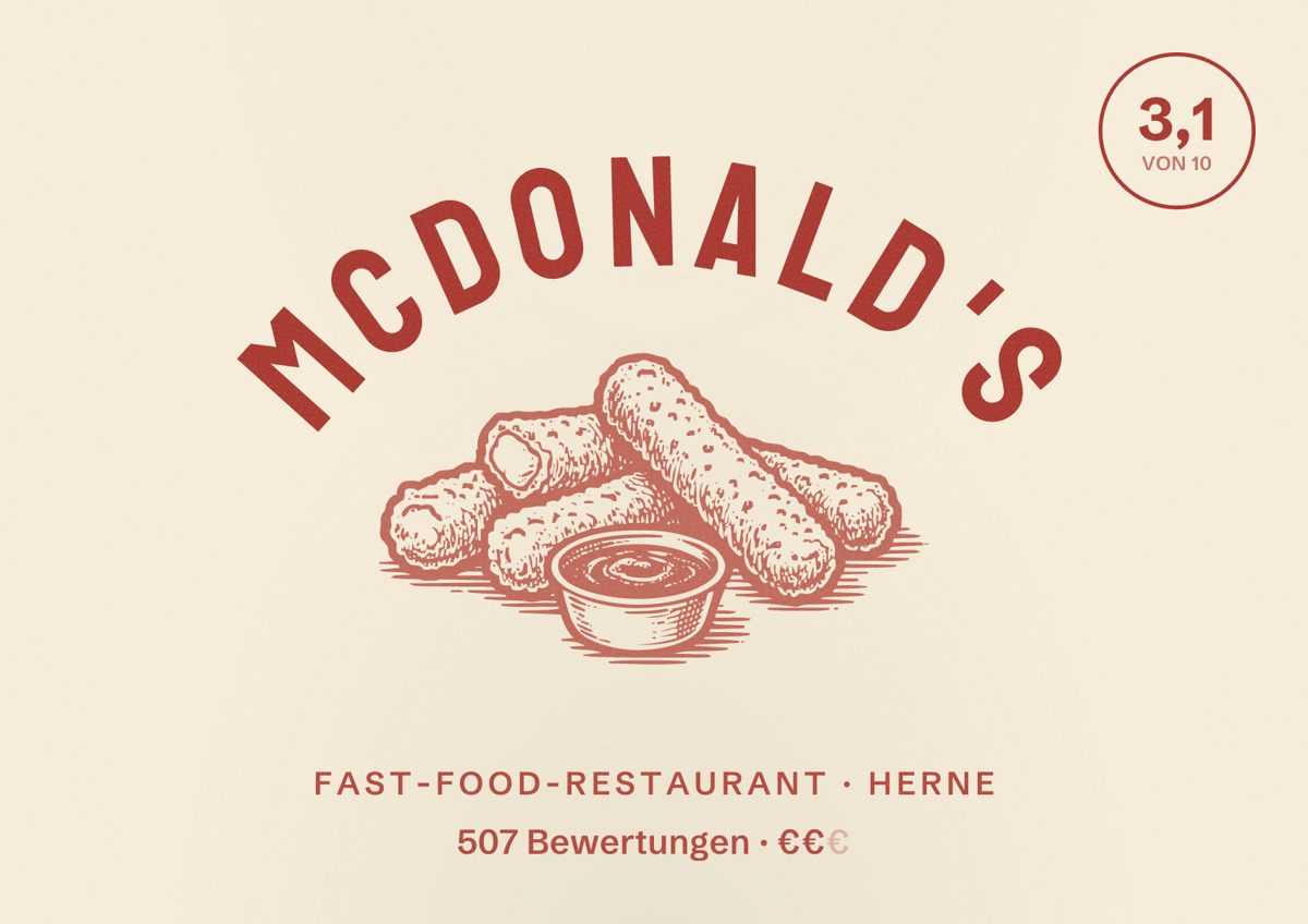 Illustriertes Poster von McDonald's, Fast-Food-Restaurant in Herne: Bewertung 3,1 von 10 aus 507 Bewertungen, Preisniveau €€