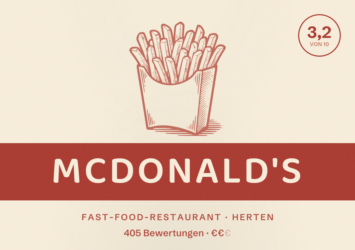 Illustriertes Poster von McDonald's, Fast-Food-Restaurant in Herten: Bewertung 3,2 von 10 aus 405 Bewertungen, Preisniveau €€