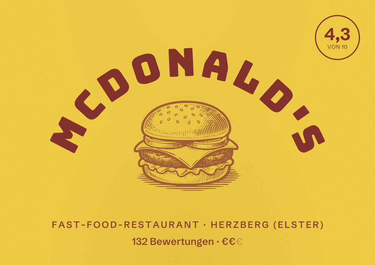Illustriertes Poster von McDonald's, Fast-Food-Restaurant in Herzberg (Elster): Bewertung 4,3 von 10 aus 132 Bewertungen, Preisniveau €€