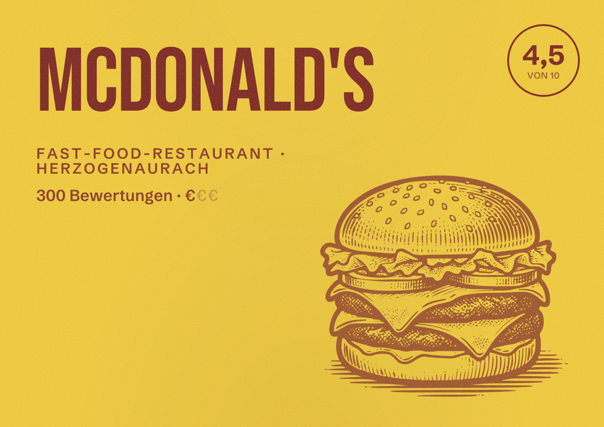 Illustriertes Poster von McDonald's, Fast-Food-Restaurant in Herzogenaurach: Bewertung 4,5 von 10 aus 300 Bewertungen, Preisniveau €