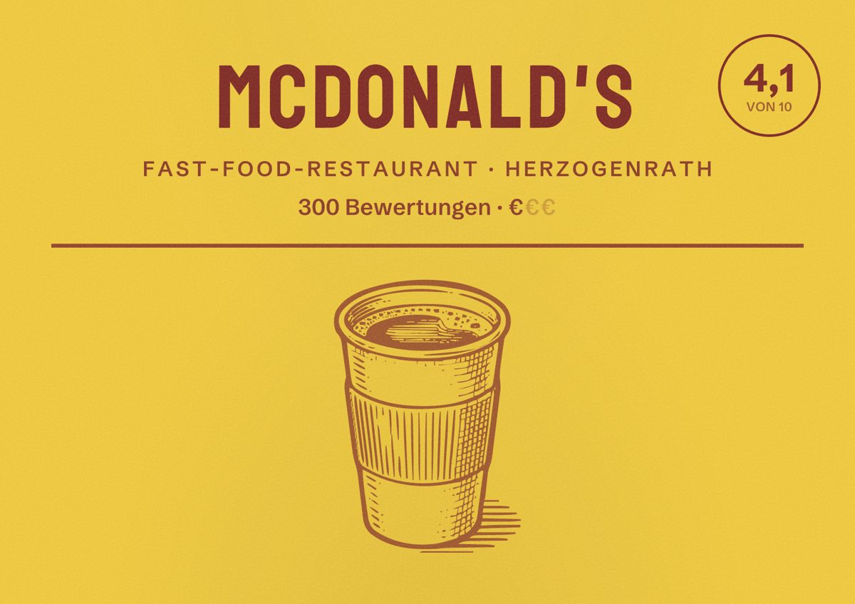 Illustriertes Poster von McDonald's, Fast-Food-Restaurant in Herzogenrath: Bewertung 4,1 von 10 aus 300 Bewertungen, Preisniveau €