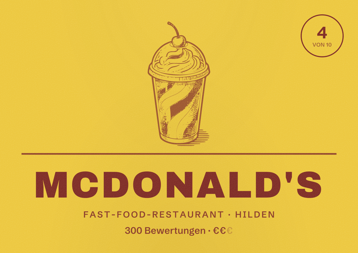 Illustriertes Poster von McDonald's, Fast-Food-Restaurant in Hilden: Bewertung 4 von 10 aus 300 Bewertungen, Preisniveau €€
