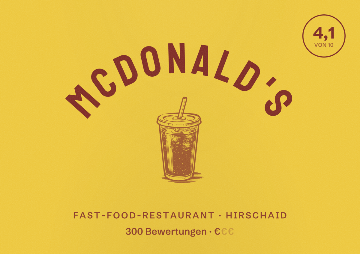 Illustriertes Poster von McDonald's, Fast-Food-Restaurant in Hirschaid: Bewertung 4,1 von 10 aus 300 Bewertungen, Preisniveau €