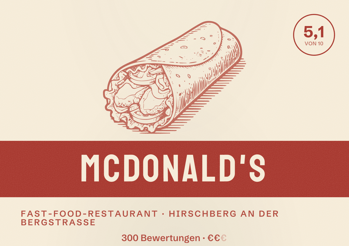 Illustriertes Poster von McDonald's, Fast-Food-Restaurant in Hirschberg an der Bergstraße: Bewertung 5,1 von 10 aus 300 Bewertungen, Preisniveau €€
