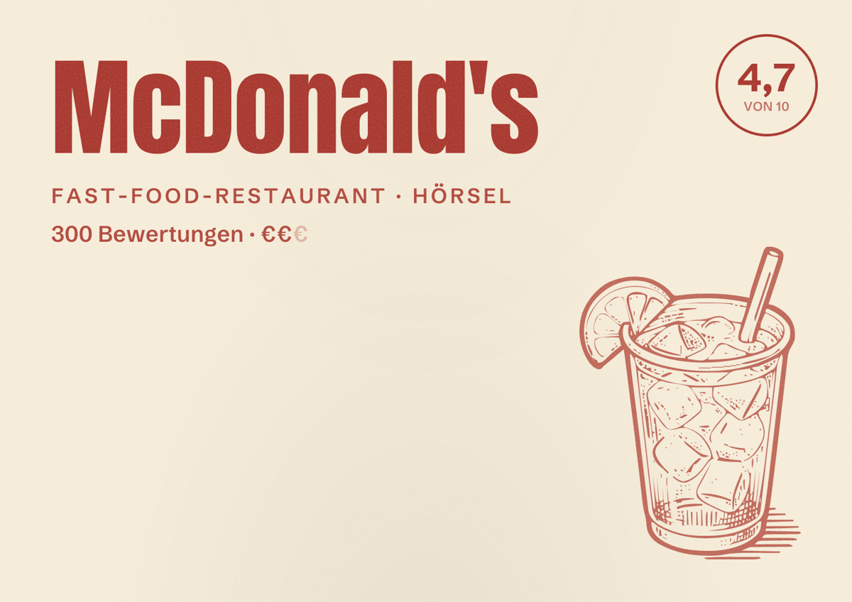 Illustriertes Poster von McDonald's, Fast-Food-Restaurant in Hörsel: Bewertung 4,7 von 10 aus 300 Bewertungen, Preisniveau €€