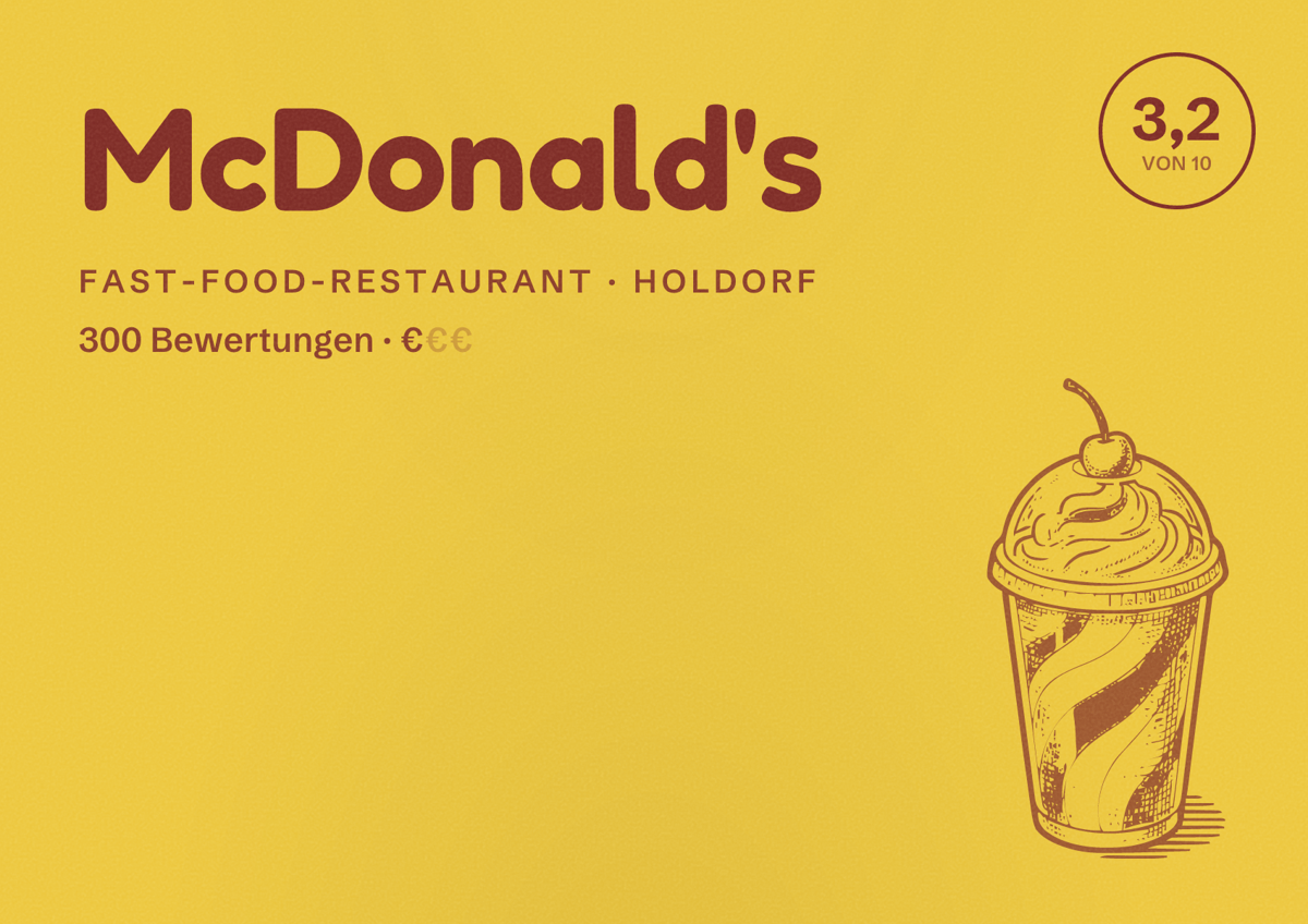 Illustriertes Poster von McDonald's, Fast-Food-Restaurant in Holdorf: Bewertung 3,2 von 10 aus 300 Bewertungen, Preisniveau €
