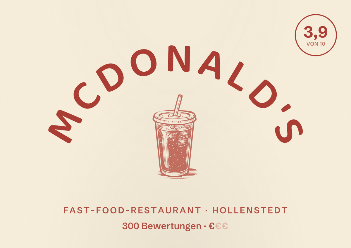 Illustriertes Poster von McDonald's, Fast-Food-Restaurant in Hollenstedt: Bewertung 3,9 von 10 aus 300 Bewertungen, Preisniveau €