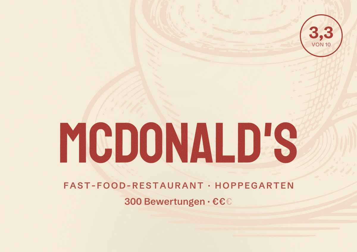 Illustriertes Poster von McDonald's, Fast-Food-Restaurant in Hoppegarten: Bewertung 3,3 von 10 aus 300 Bewertungen, Preisniveau €€